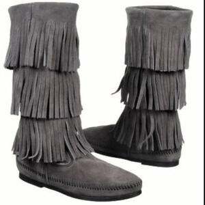 Minnetonka 3 Layer Fringe Boots Western Suede
